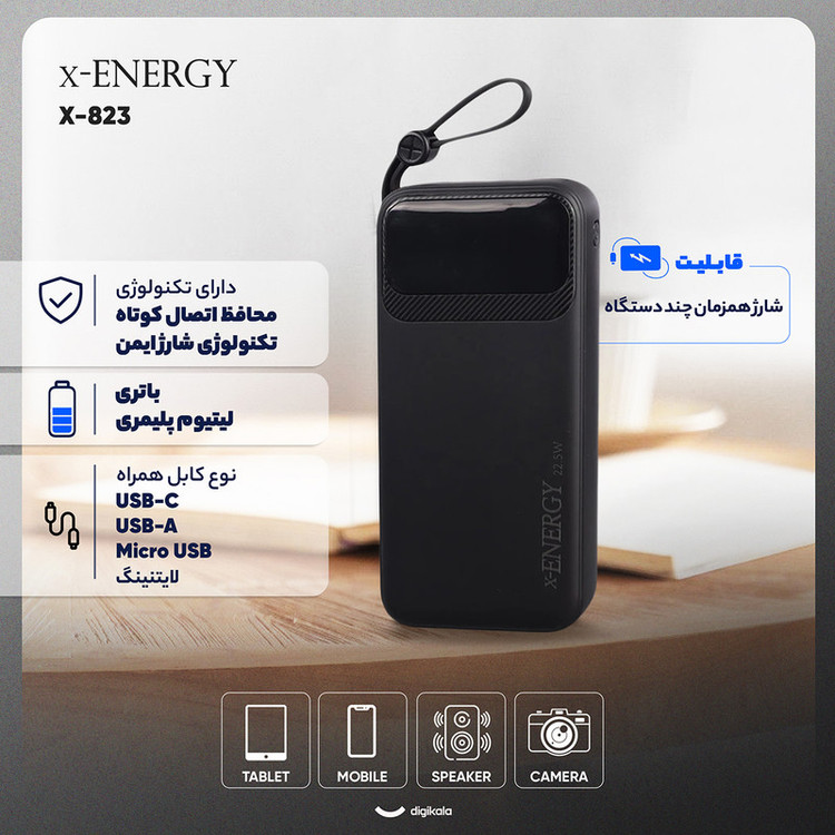 پاوربانک 22.5 وات ایکس انرژی مدل X-823 ظرفیت 20000 میلی آمپر ساعت