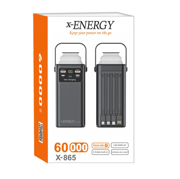 پاوربانک 22.5 وات ایکس انرژی مدل X-865 ظرفیت 60000 میلیآمپر به همراه کابل USB-C و بند آویز